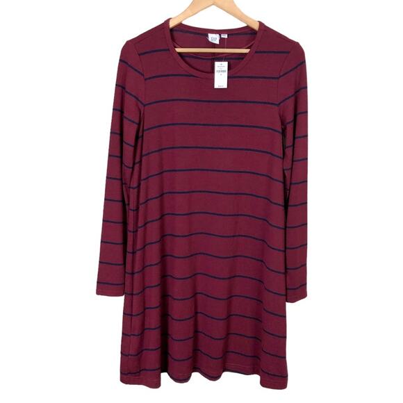 Gap Long Sleeve Swing Striped Sweater Dress Maroon Navy Size Medium - Picture 1 of 5